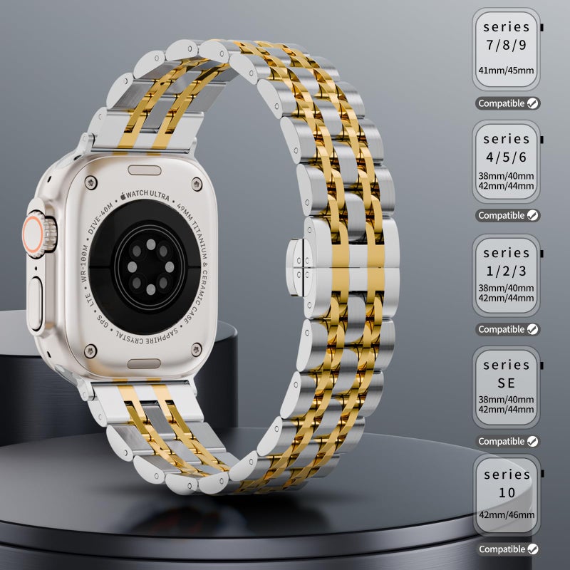HUANLONG Solid Stainless Steel Band Compatible with Apple Watch 49mm 46mm 45mm 44mm 42mm 41mm 40mm 38mm, Metal Strap for iWatch Series Ultra/Ultra2/10/9/8/7/6/5/4/3/2/1 SE Women and Men (LS 38mm/40mm/41mm Silver/Gold) - Image 3